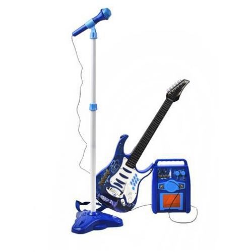 Dětská rocková elektrická kytara na baterie + zesilovač a mikrofon Blue