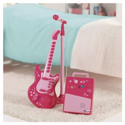 Dětská rocková elektrická kytara na baterie + zesilovač a mikrofon Pink